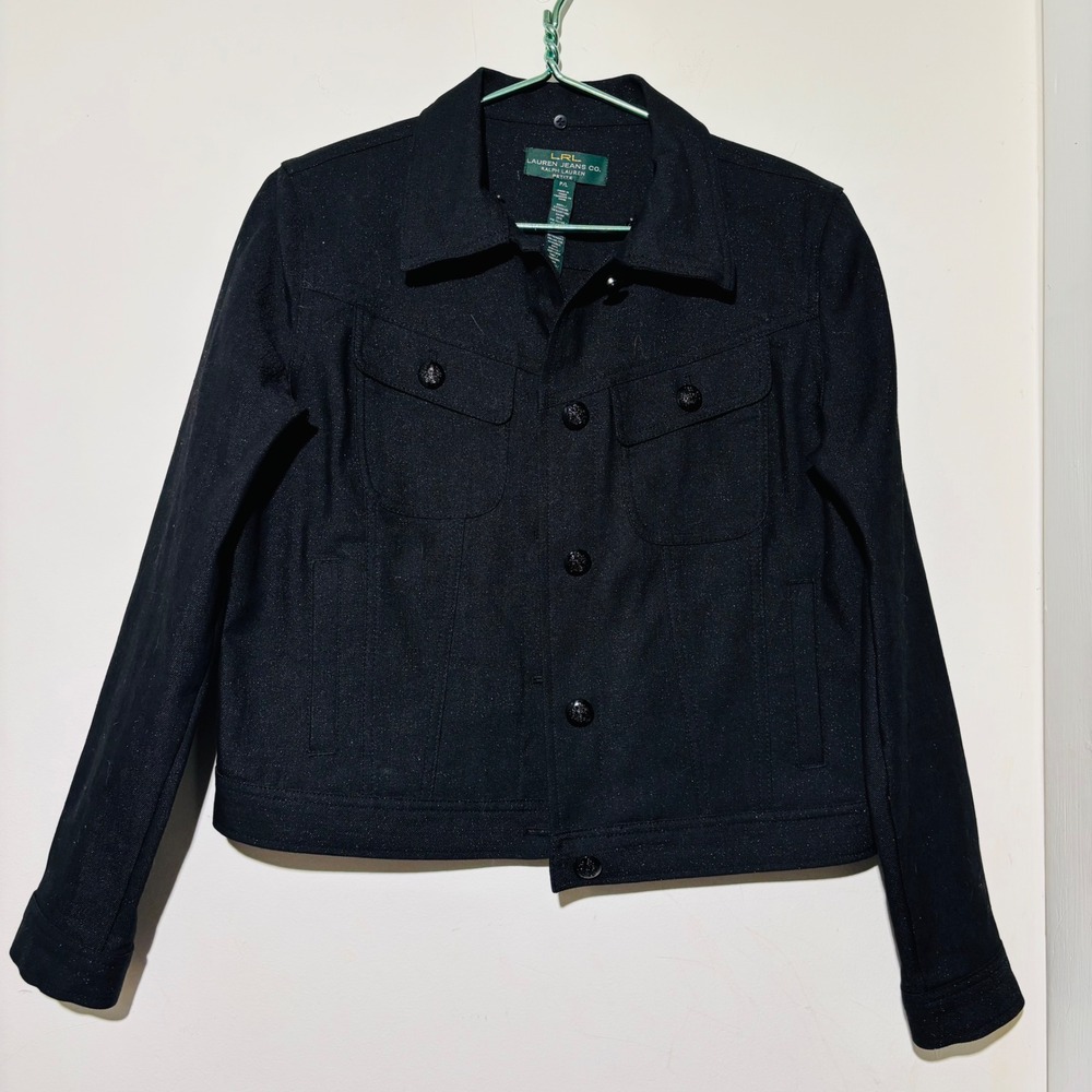 Lauren Ralph Lauren Black ShimmerDenim Faux Fur Collar JacketWomen's Sz‎ LP - Picture 4 of 7